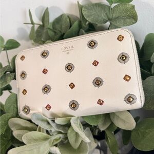 Fossil Cream Studded Wallet Sydney zip clutch Organizer Y2K Rare
